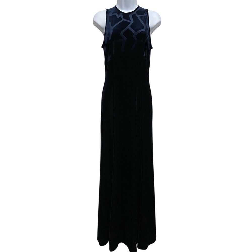 Vintage 90s Navy Blue Velvet Formal Maxi Dress 9 Whimsigoth Y2K Dark Romantic‎